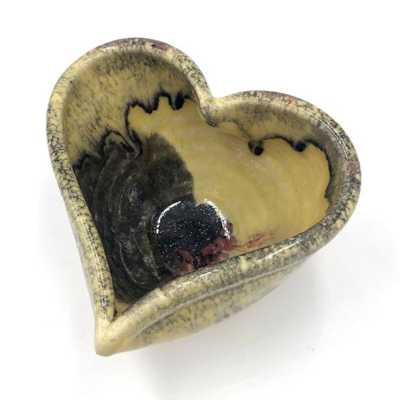 Studio Art Pottery Heart Shape Bowl Dish Signed Lisa Drip Glaze Yellow Black - Picture 1 of 5